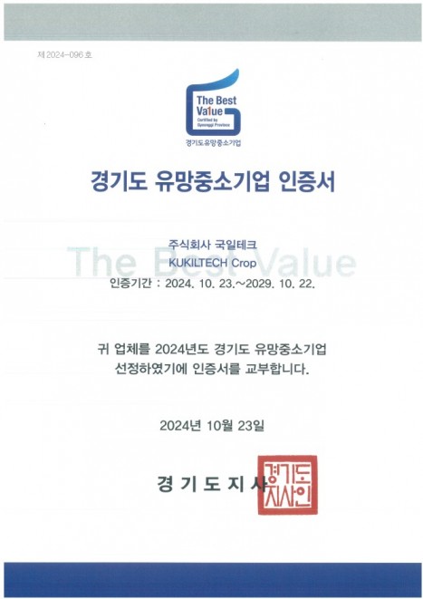 유망중소기업 인증서